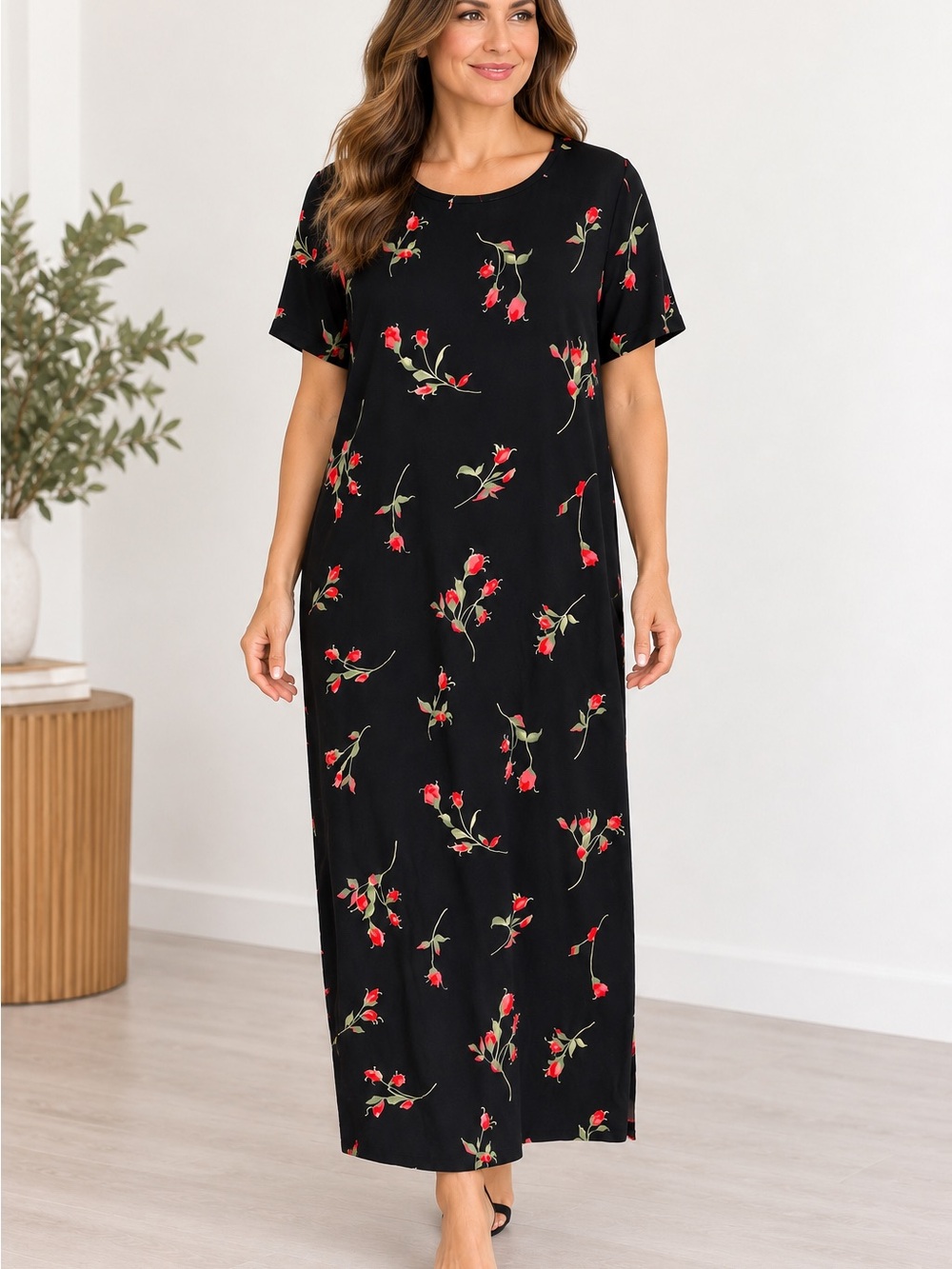 Black Floral Maxi Dress with Short Sleeves